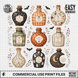 Potion Bottles PNG Clipart Bundle, Witchy Halloween Sublimation Design, Cottagecore Rustic Fall Potion Bottle Illustrations, Digital