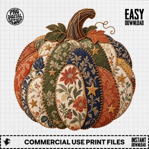 Quilted Pumpkin PNG, Fall Pumpkin Clipart, Rustic Autumn PNG, Patchwork Pumpkin, Floral Harvest PNG Sublimation, Digital Download