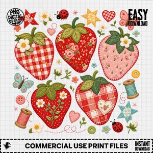 Strawberry Quilted PNG, Strawberry Clipart, Farmhouse PNG, Patchwork Strawberry, Cottagecore Strawberry, Sublimation Png, Digital Download