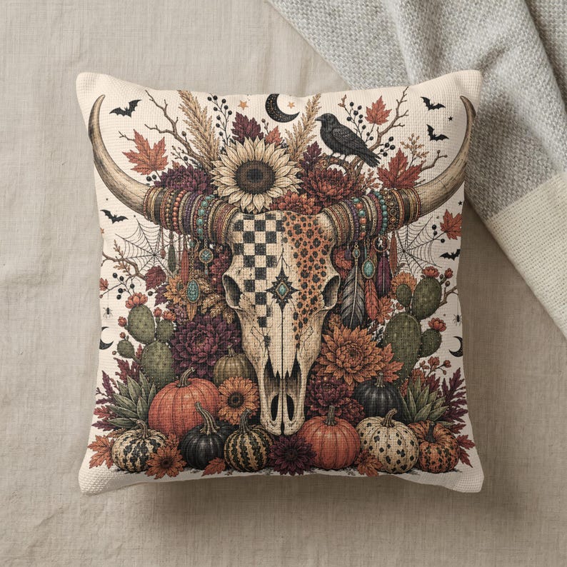 Pillow with cow skull, sunflowers, pumpkins, and fall leaves design.