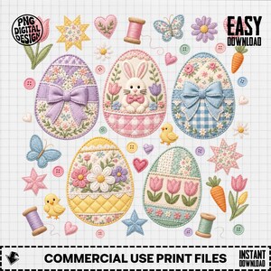 Quilted Easter Eggs PNG, Bunny Easter Egg Clipart, Spring Sublimation, Cute Easter Elements, Digital Download