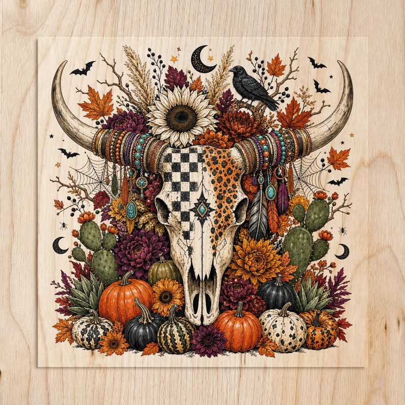 Bohemian bull skull with autumnal flowers, pumpkins, raven, bats, and moons.