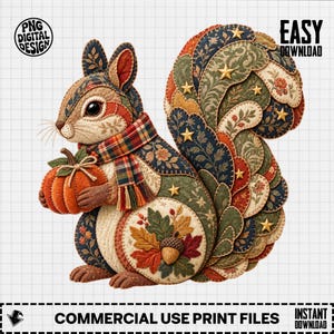 Fall Squirrel PNG, Quilted Squirrel Clipart, Autumn Squirrel Png, Patchwork Pumpkin Png, Cozy Fall Sublimation, Digital Download
