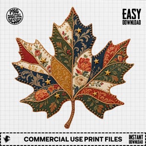 Maple Leaf PNG, Quilted Fall Leaf Clipart, Autumn Sublimation PNG, Vintage Patchwork Floral Leaf, Cozy Thanksgiving Digital Download