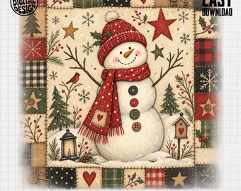 Boneco de Neve Rústico PNG, Clipart de Natal, Patchwork de Inverno PNG, Sublimação de Boneco de Neve Campestre, Arte Popular para as Festas, Download Digital