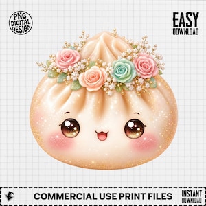 Kawaii Bao Bun PNG, Cute Floral Dumpling Clipart, Sparkly Glitter Bao Sublimation Design, Asian Food Digital Download for Crafters