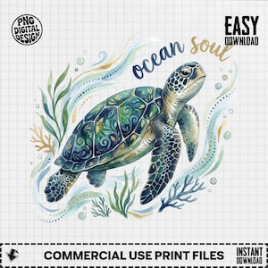 Ocean Soul Sea Turtle PNG, Watercolor Turtle Clipart, Beach Png, Marine Turtle Png, Boho Ocean Turtle, Sublimation Png, Digital Download