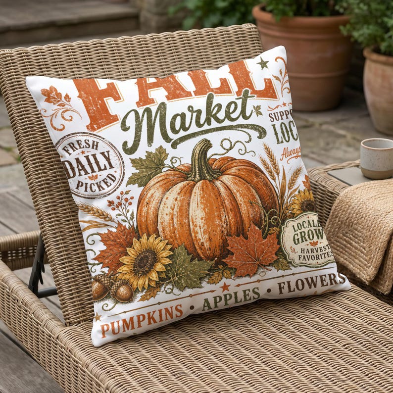 Fall Market pillow with pumpkin, sunflowers, leaves, and text "Fresh Daily Picked," "Pumpkins Apples Flowers."