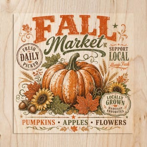 Fall Market sign with pumpkin, sunflowers, acorns, and text.
