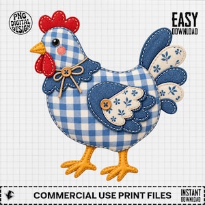 Chicken png, Farmhouse Hen Clipart, Country Chicken png, Patchwork Rooster, Sublimation png, Rustic Farm Animal png, Digital Download