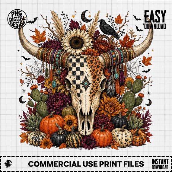 Fall Boho Cow Skull PNG, Western Cactus Floral Sublimation Design for Autumn Shirt, Country Girl Trendy Png Digital File