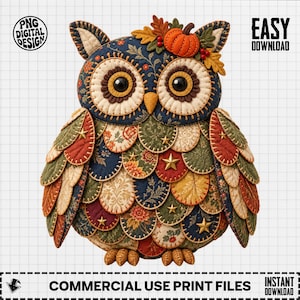Hibou d'automne PNG, clipart hibou matelassé, hibou patchwork, hibou floral bohème, PNG pour sublimation, téléchargement numérique