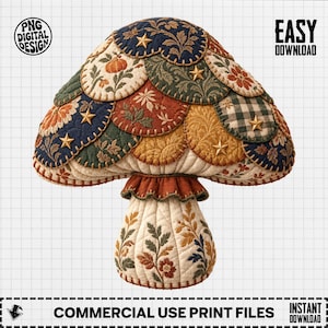 Patchwork Mushroom PNG, Quilted Clipart, Fall Mushroom PNG, Cottagecore Clipart, Autumn Sublimation PNG, Boho Floral Digital Download