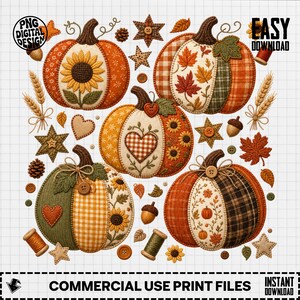 Citrouille d'automne matelassée (PNG), clipart de citrouilles patchwork d'automne, téléchargement numérique pour Thanksgiving à la ferme, motif de sublimation rustique pour la récolte