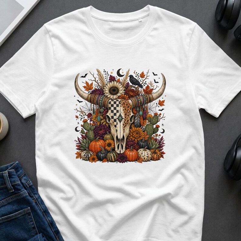 Bull skull with horns surrounded by autumn flowers, pumpkins, and cacti.
