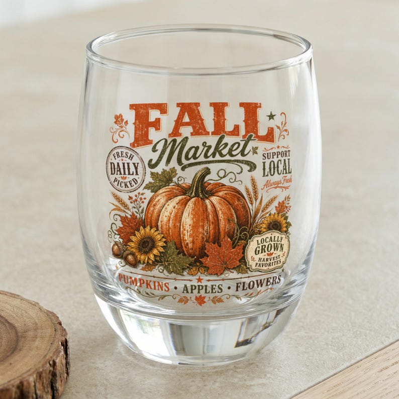 Clear glass stemless wine glass with "Fall Market" design featuring a pumpkin.