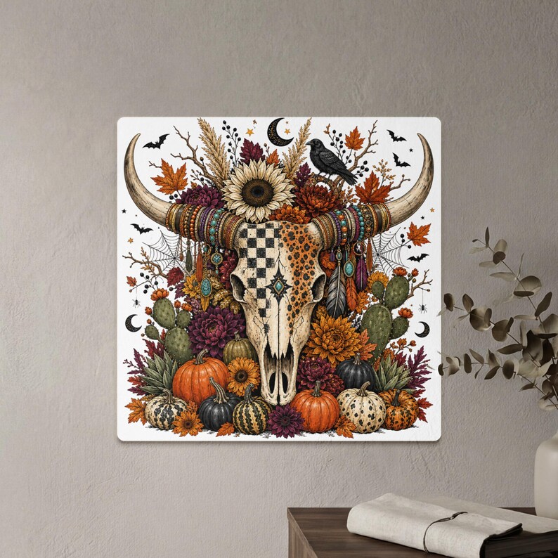 Boer skull adorned with autumn flowers, pumpkins, and gothic elements.