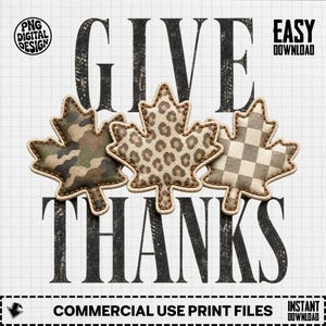Give Thanks png, Thanksgiving png, Fall Leaves png, Leopard Print png, Buffalo Plaid png, Sublimation Design png, Digital Download