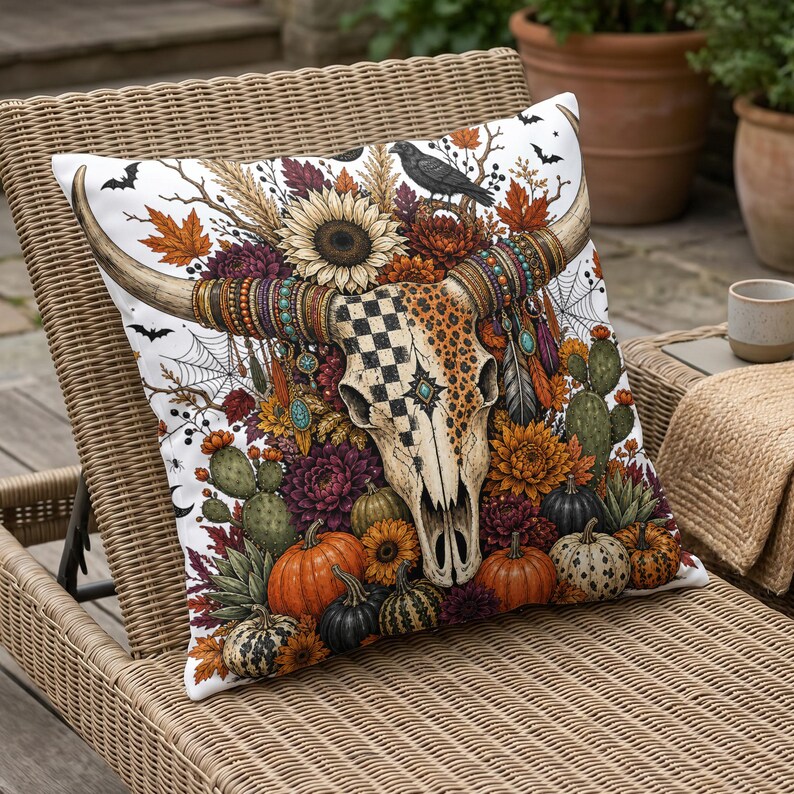 Skull with floral, pumpkin, and bat Halloween design on a throw pillow.