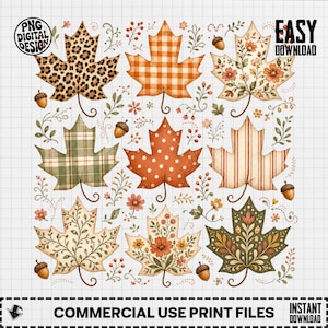 Autumn Leaves PNG Bundle, Fall Leaf Clipart, Maple Leaf Png, Leopard Plaid Leaf, Sublimation Png, Digital Download