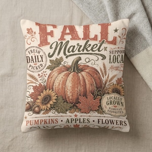 Four text phrases overlay a fall-themed design with a pumpkin, sunflowers, and acorns.