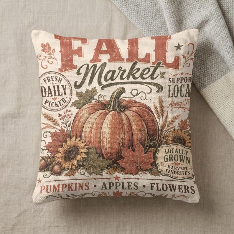 Four text phrases overlay a fall-themed design with a pumpkin, sunflowers, and acorns.