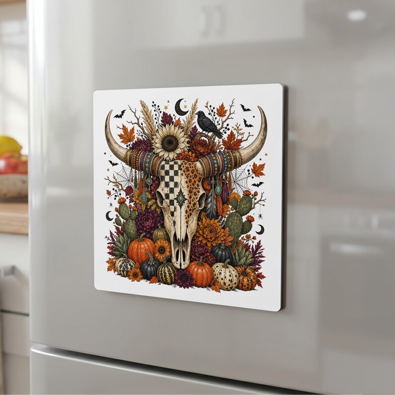 Cow skull decorated with pumpkins, autumn leaves, sunflowers, and bats.