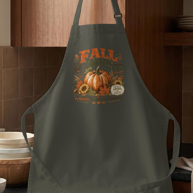 Grey apron featuring a "Fall Market" design with a pumpkin, sunflowers, and autumn leaves.