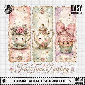 Tea Time Darling PNG, Kawaii Teacup Tekanna Cupcake Clipart, Akvarell Pastell Tea Party Sublimeringsdesign, Digital Nedladdning