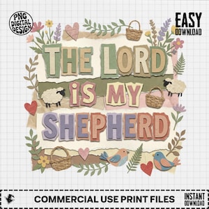 The Lord Is My Shepherd PNG, Christian Scripture Bible Verse, Cottagecore Faith Digital Download, Whimsical Sheep Sublimation Png