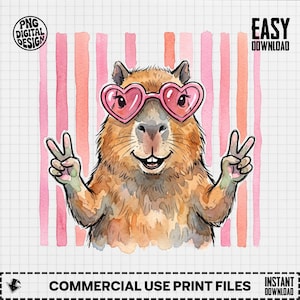 Capybara wearing heart-shaped sunglasses, holding peace signs, against pink stripes.