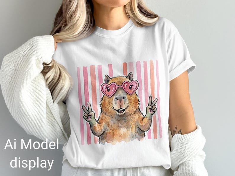 Capybara wearing heart sunglasses and holding up peace signs, with pink stripes.