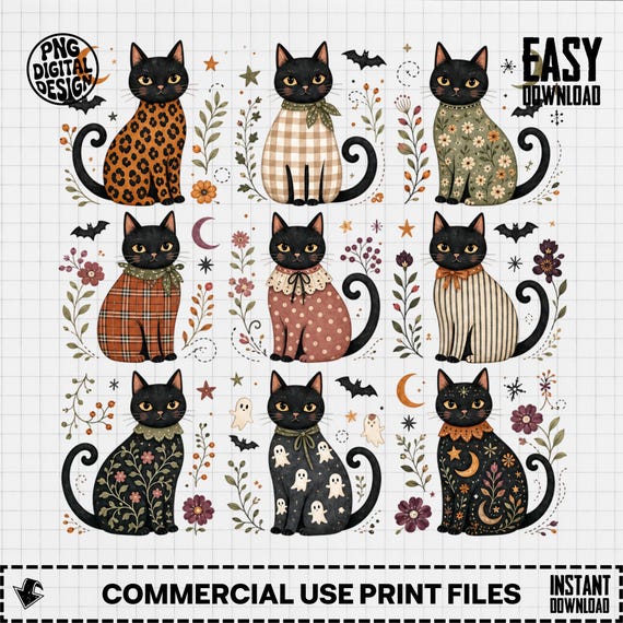Halloween Cat PNG, Black Cat Clipart, Spooky Cat Png, Fall Cat Png, Autumn Black Cat, Sublimation Png, Digital Download
