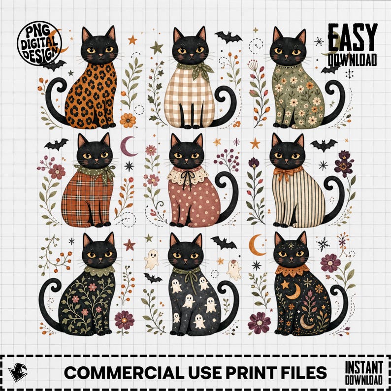 Autumnal Halloween cats with festive patterns and floral accents on a grid background.