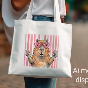 Capybara with heart sunglasses giving peace signs against striped background on tote bag.