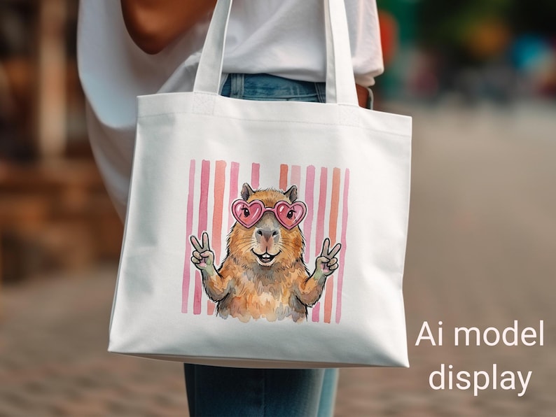 Capybara with heart sunglasses giving peace signs against striped background on tote bag.