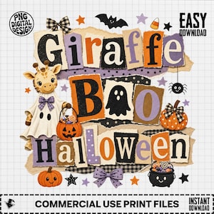 Giraffe Boo Halloween PNG, Cute Ghost Giraffe Clipart, Kids Spooky Fall Sublimation Design, Digital Download