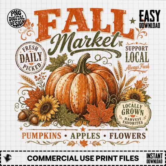 Fall Market PNG, Autumn Harvest PNG, Pumpkin Season Clipart, Fall Festival Sublimation, Farmhouse Decor PNG, Digital Download