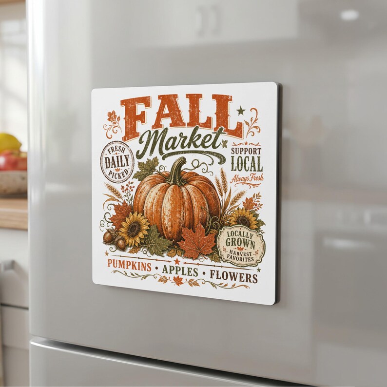 Fall Market sign with pumpkin, sunflowers, and text saying "Pumpkins, Apples, Flowers".