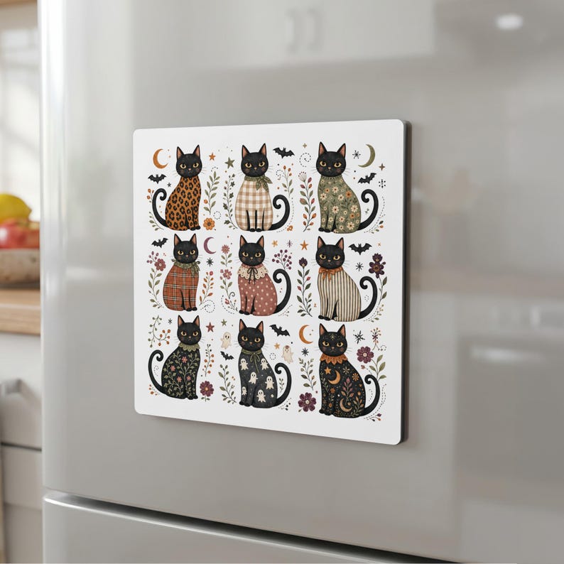 Nine charming black cats in various Halloween-themed outfits with floral and celestial accents.