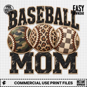 May include: A digital graphic design featuring the text BASEBALL MOM in distressed black varsity lettering. Three baseballs are positioned between the words, each with a unique pattern: green camouflage, leopard print, and a black and white checkerboard.