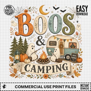 Boos & Camping PNG, Cute Ghost Halloween Camping, Vintage Camper Fall Design, Spooky Season Sublimation Digital Download