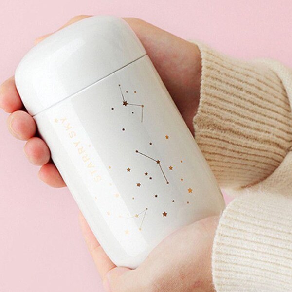 Old Village Concept Stainless Steel Thermos Star Patterned Stylish 200 Ml Thermos, Adults Coffee, Baby Food Thermos White