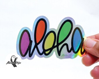 3X2” Aloha Holographic Sticker, Aloha Rainbow Pepili, Bumper Sticker Rainbow Colors, Durable Holographic Vinyl, Anuenue Hawaii Aloha