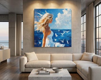 Coastal Woman Canvas Art, Ocean Seagull Wall Decor, Blonde Girl Beach Painting, Palette Knife Palette Poster, Modern Bedroom Aesthetic Gift