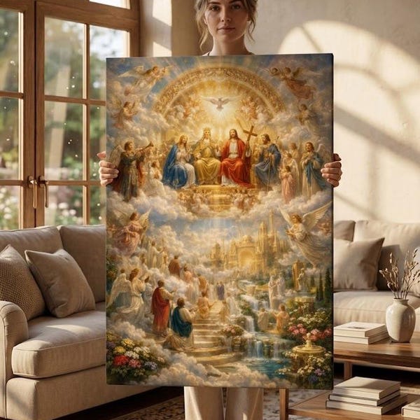 Family Prayer Artwork, Sacred Heart Canvas, Catholic Protection Decor, Heavenly Intercession Display, Christian Blessing Gift