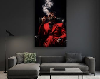 Dark Aesthetic Man in Red Suit Smoking Cigar, Luxury Portrait Wall Decor, Moody Masculine Canvas Print, Modern Gentleman Artwork