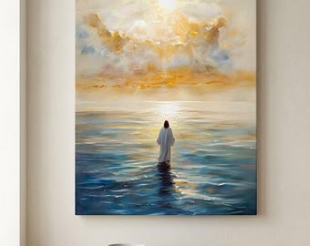 Jesus Walking Water Canvas Art: Christian Faith Hope Religious Ocean Painting Home Decor