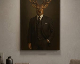 Stag in Suit Canvas Wall Art - Gentleman Deer Painting - Moody Vintage Forest Animal Portrait - Dark Academia Man Cave Decor