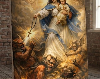 Our Lady of the Rosary Canvas Print, Virgin Mary Catholic Artwork, Spiritual Protection Decor, Religious Wall Display, Faith Inspired Gift